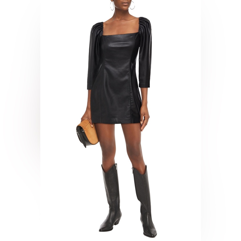 Alice + Olivia Black Faux-Leather Square-Neck Long-Sleeve Mini Dress